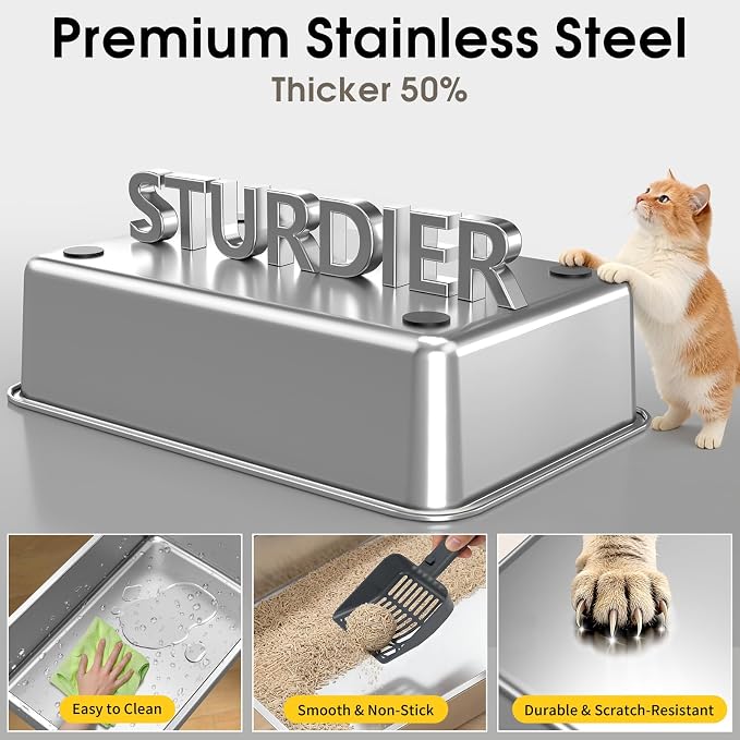 Enclosed Stainless Steel Litter Box with Lid for Most Adult Cats | 50% Thicker Metal, Leak-Proof High Sides, 3-in-1 Convertible, Non-Stick Surface, Odor Resistant, Easy Clean