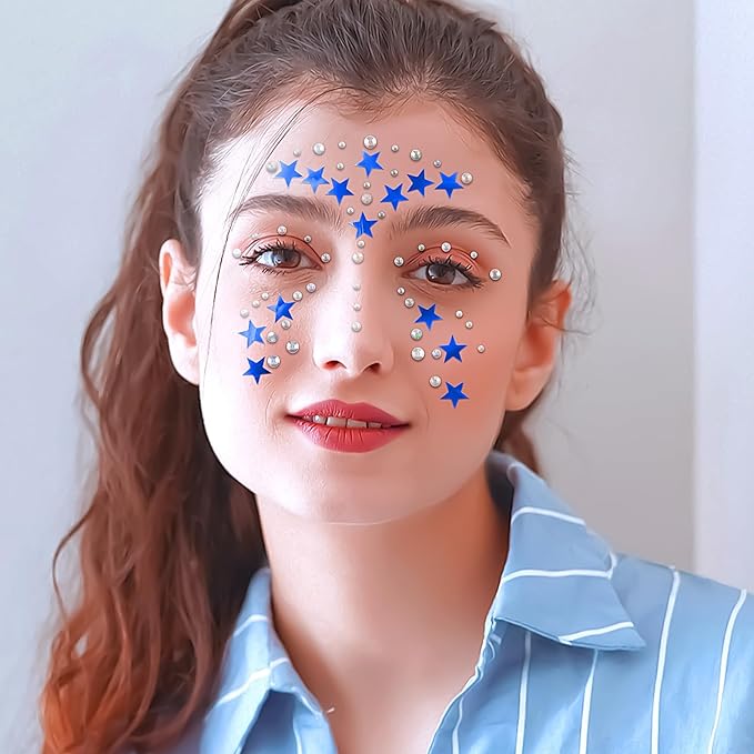 4th July Star Face Stickers Gems for Makeup, 3 Sheets Red Silver and Blue Face Glitter Rhinestone jewels, Self Adhesive Face Eye Nail Body Gems Stick on for Patriotic Rave Festival Accessories