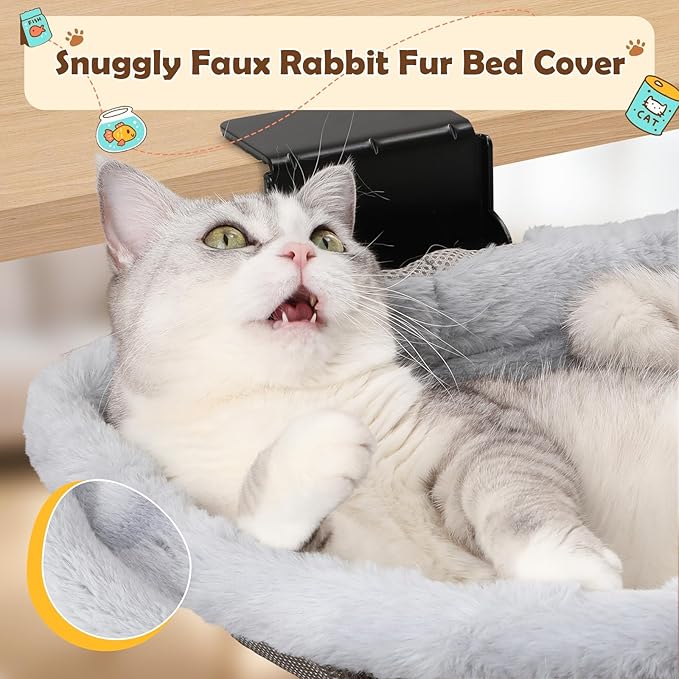 Extra-Sturdy Cat Desk Bed with Heavy-Duty Clamp | Sunken Hammock Design & Soft Faux Fur, Removable & Washable Cover, Holds Up to 40lbs, Space Saving Cat Perch