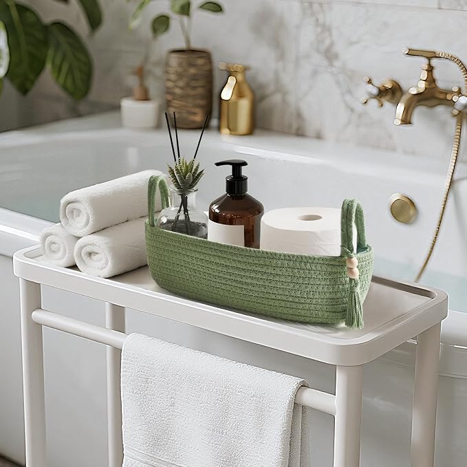 Mkono Toilet Paper Basket, Boho Bathroom Decor, Small Storage Organizer | Green, 13"L x 6"W, Back of Toilet Basket, Decorative Woven Tray with Handles, Space-Saving, Living Room Bedroom, 1 Pack