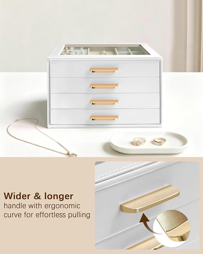 Homeanda Jewelry Boxes Organizer with Glass Lid, 4-Layer PU Leather, White | Modern style display case with 4 drawers for daily jewelry, women, mom or girl gift