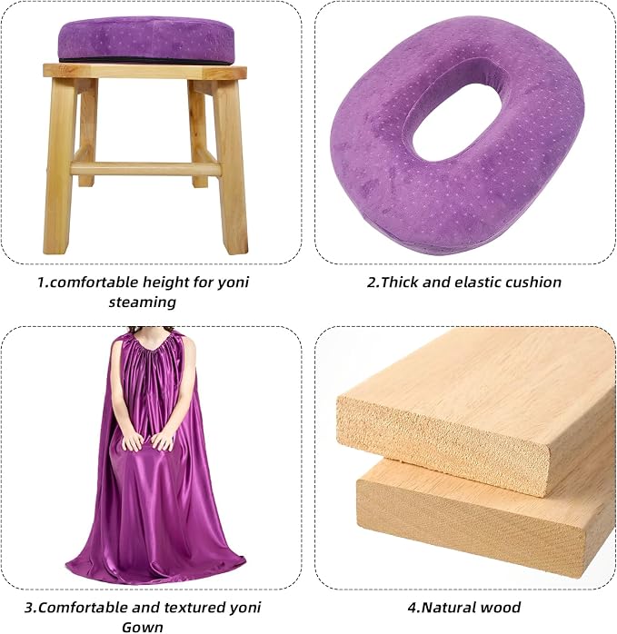 Yoni Seat Kit, Wooden Vaginial Steaming Stool Chair Set with Gown for Feminine Vaginal Postpartum Care,Irregular Period Treatment,Menopause Relief,Uterus Cleanser Detox for Women