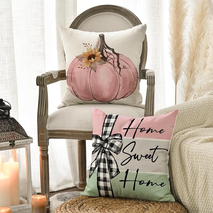 AVOIN colorlife Fall Pumpkin Home Sweet Home Throw Pillow Covers, 18 x 18 Inch Autumn Thankful Grateful Blessed Harvest Floral Pink Decorations for Sofa Couch Set of 4