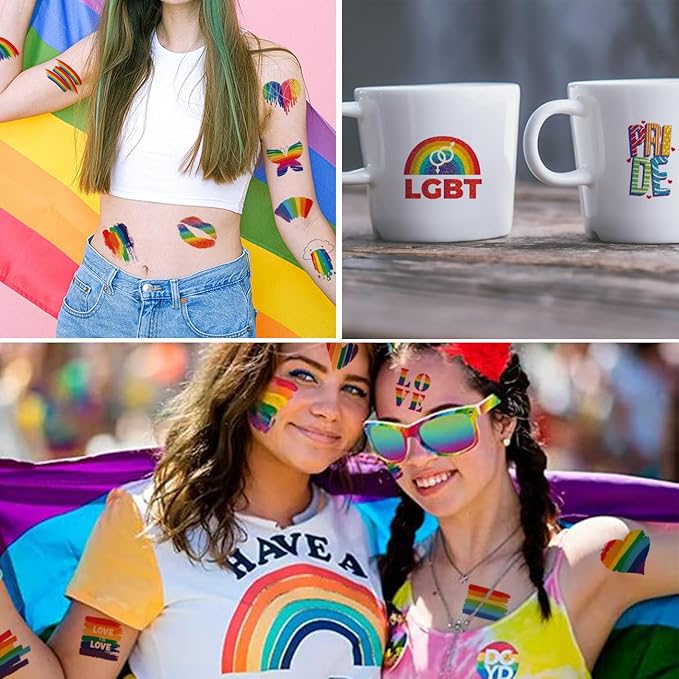 Glitter Rainbow Temporary Tattoos - 74 Individually Sheets Glitter Pride Tattoos Heart Lips Love Rainbow Tattoos for Pride Festivals