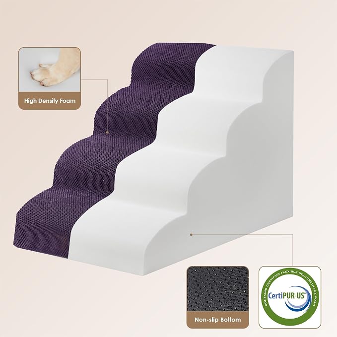 EHEYCIGA Curved Dog Stairs Ramp, 4-Step High Beds, 19.7" H Pet Step | 33D density of pure foam, for Small Dogs and Cats, Pet Stairs for High Bed Climbing, Non-Slip Balanced Indoor, Purple