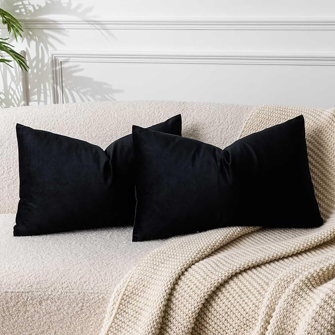 Black 12x20 Throw Lumbar Pillow Covers Decorative Cushion Covers Set of 2 | Soft Velvet Pillow Cases with Invisible Zipper for Modern Couch Sofa Bed Living Room Bedroom Home Decor Halloween