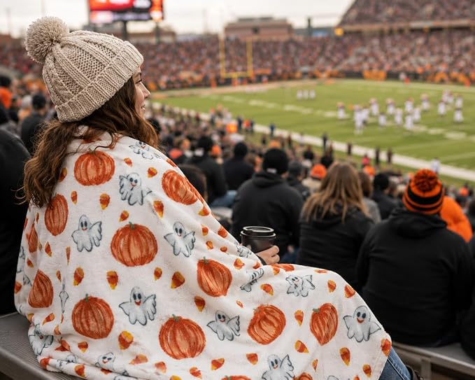 Halloween Ghost Fleece Throw Blanket, Cute Ghosts & Pumpkins, 50x70 XL size | Ultra-soft cozy flannel fleece, for sofa bed couch chair & dorms, spooky Halloween décor, durable and machine washable.
