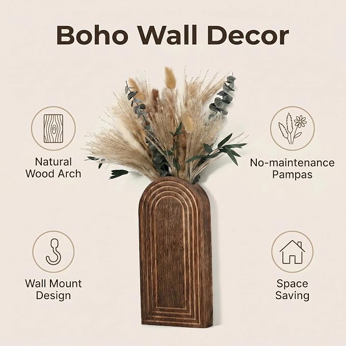 Set of 2 Wooden Wall Vases with Dried Pampas Grass & Eucalyptus, Boho Farmhouse Decor for Living Room, Entryway, Bathroom, Rustic Home Art(Dark Brown)