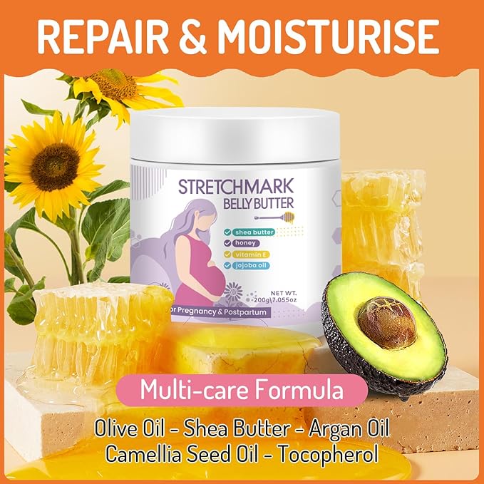 Stretch Mark Belly Butter-Packed with Vitamin E, Coconut Oil, and Sunflower Seed Oil to Protect, Soothe, and Rejuvenate Skin - Safe for Pregnancy and Nursing-Repair Stretch Marks and Scars.7.055oz