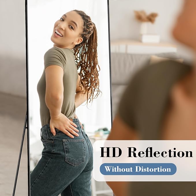 DUMOS 64"x21" Full Length Mirror with Stand, Full Body Floor Mirror | Free Standing or Wall Mount, Nano Glass Aluminum Frame, Hanging or Leaning, Modern Simple Home Decor, Black