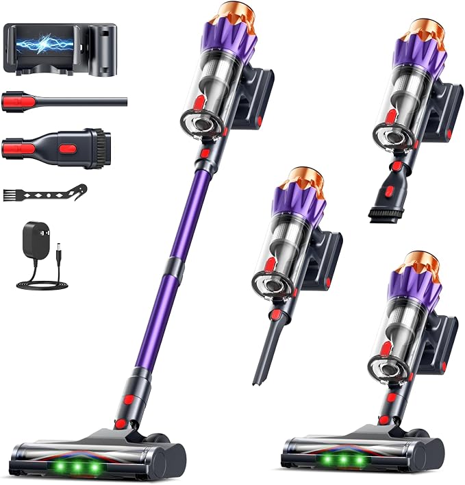 Cordless Vacuum Cleaner for Home, 600W/50KPa Powerful Suction, 60Mins Self-Standing Stick Vacuum with Anti-Tangle Brush & LED Display, Lightweight Handheld Vacuum for Pet Hair, Carpets & Hard Floors