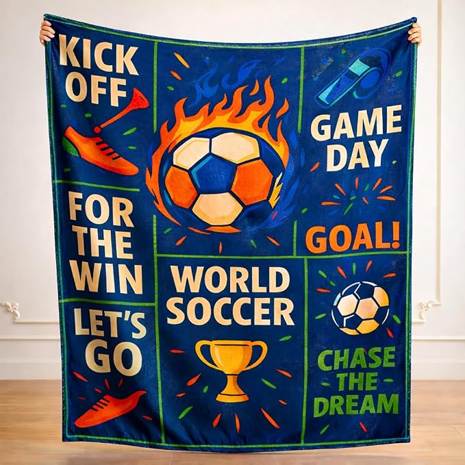Soccer Throw Blanket, Navy Sports Motivational Blanket, Soft Flannel Soccer Fan Quote Blanket for Couch Bed, Kick Off Goal Football Gift for Men Women Kids