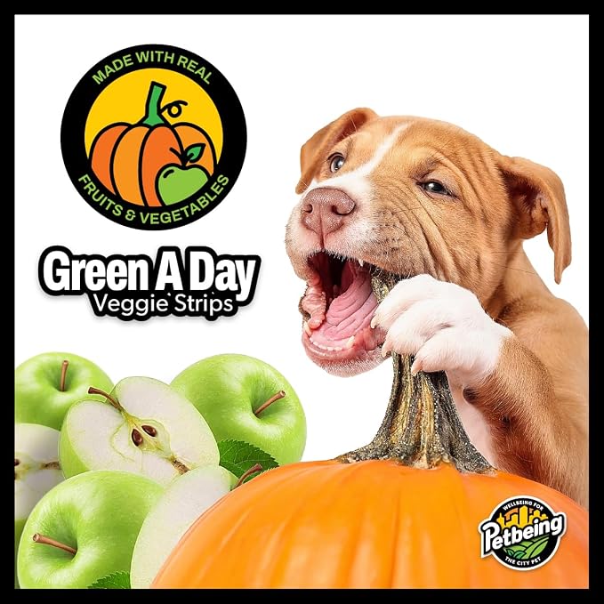 Green A Day Veggie Strips for Dogs | Pumpkin & Apple Vegetarian Dog Chews | Daily Wellness Treats with Fruits & Vegetables | 4 Pack, 3 oz Bags