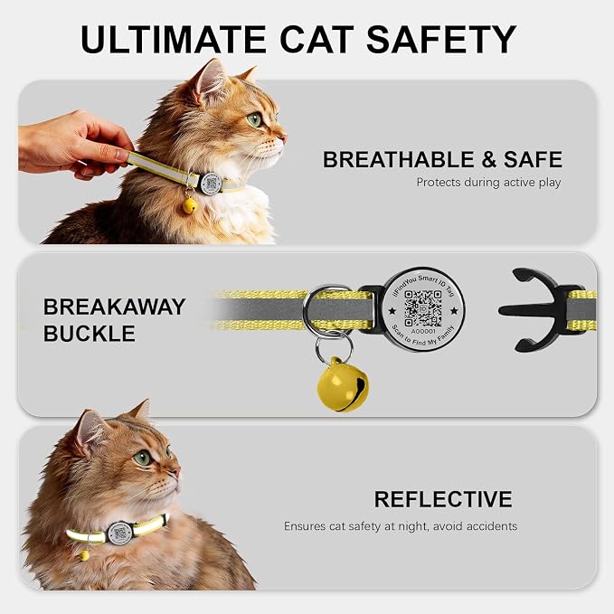 Breakaway Cat Collar QR Code, Reflective Bell, Adjustable Kitten, Yellow
