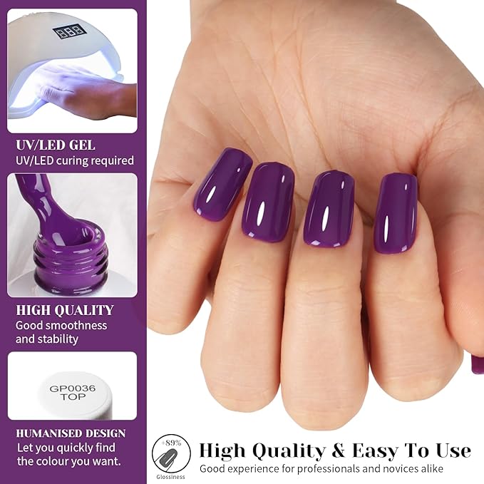 Dark Purple Gel Nail Polish, 0.51 Fl Oz UV/LED Soak Off Deep Grape Purple Gel Polish Kit for Manicure Salon or DIY Nail Art Starter, Fall Winter Color - GP0057