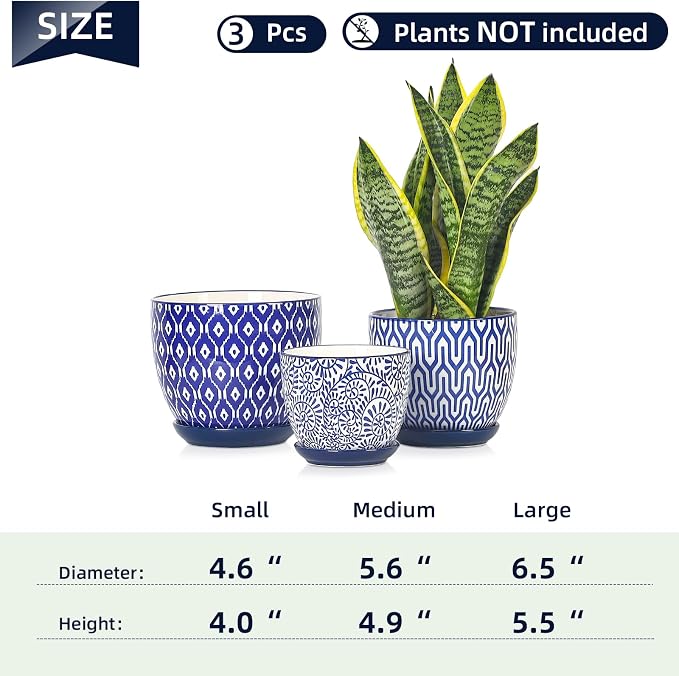 Selamica Ceramic Plant Pots, 4.6+5.6+6.5 Inch Planters with Drainage Holes & Saucer, Flower Pots for Indoor Plants, Home Decor, Set of 3, Vintage Blue