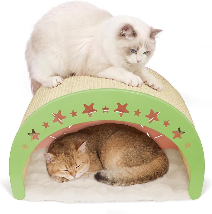 Cat Scratcher Bed, 3 in 1 Design-Bed, Scratcher, Hideaway Cave | with Elevated Sisal Pad & Reversible Fleece Mat,Sturdy HDPE Lounge for Indoor Cats, Tool-Free 30s Assembly, Supports 30 lbs