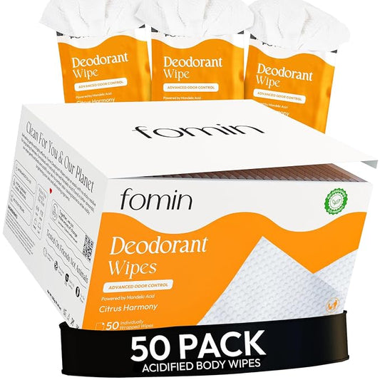 FOMIN Acidified Travel Deodorant Wipes For Women & Men - 50 Count - Citrus Harmony - pH Balanced, Mini Deodorant Travel Size Wipe - Plastic-Free, Individually Wrapped Underarm Body Wipes