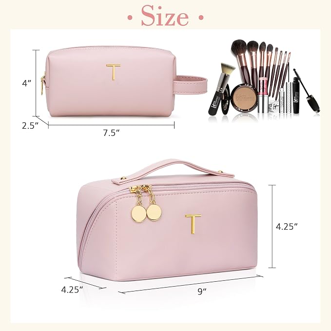KKXIU Initial Makeup Bag for Women - Personalized Makeup Bag Gifts for Women, Travel Toiletry Bag with PU Leather, Open Flat Design with Top Handle, Cosmetic Bag Set with Multi-Pocket (Pink,T)