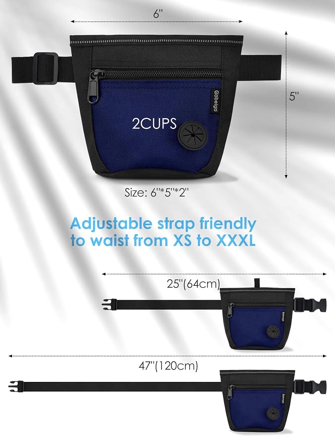 Gobeigo 2 Cup Dog Treat Pouch with Training Clicker(Black/Blue) | 2 Pair Magnetic Closures, Zipper Pocket with Poop Bag Holder, Waist Belt & Metal Clip to Wear for Pet Training/Daily Walking