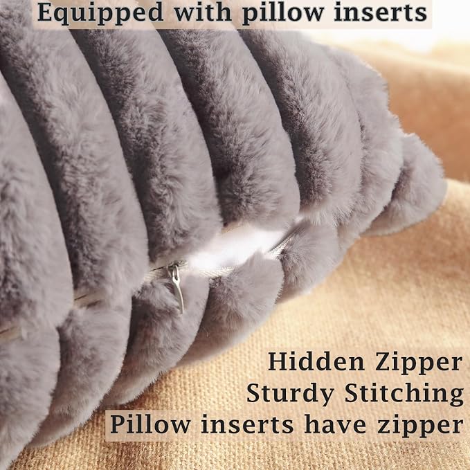 Decorative Throw Pillow with Inserts, Set of 2 Soft Faux Fur Throw Pillows, Square Boho Striped Pillow for Couch, Bed, Sofa Decor(Gray, 18" x 18")