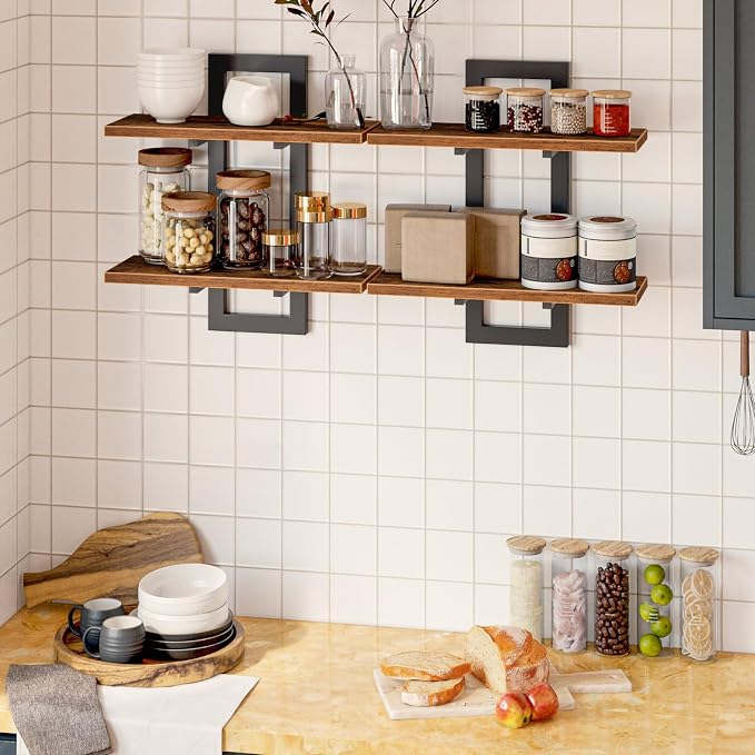 HOOBRO Floating Shelves for Wall, 15" Wall Shelf Set of 2, Wall Mounted Storage Shelves 2-Tier, Hanging Bathroom Shelves, for Living Room, Bedroom, Bathroom, Kitchen, Rustic Brown and Black BF32BJ01G1