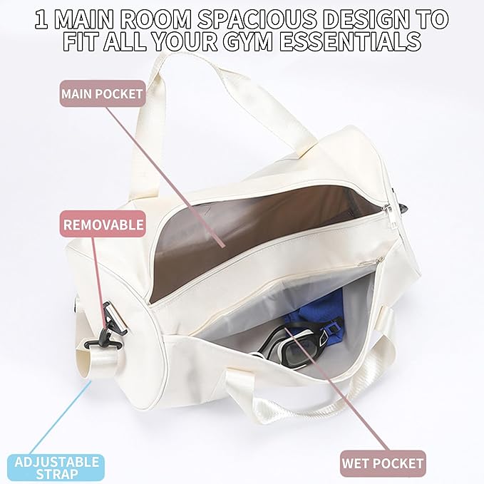 Small Gym Bag for Women Small Duffle Bag with Wet Compartment Sport Bags Gym Tote Bag for Workout Yoga Swimming Dance (White(wet pocket))