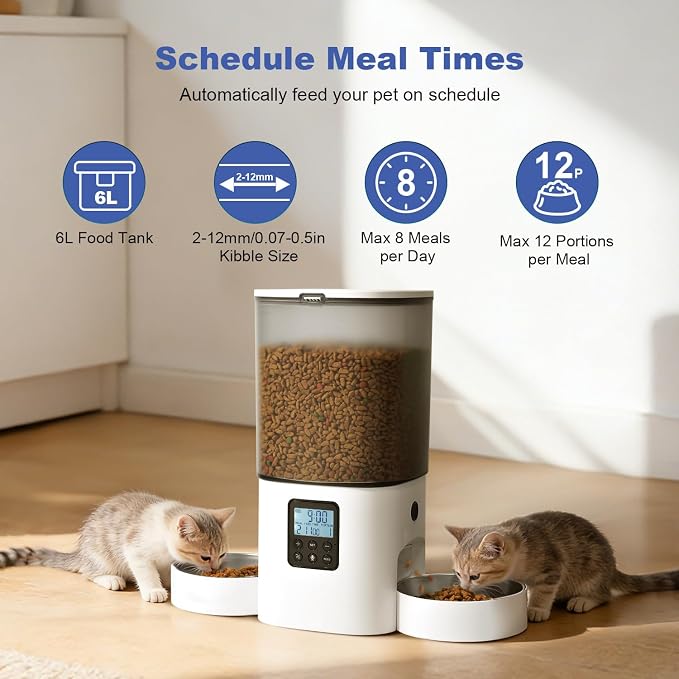 Automatic Cat Feeder, 6L Cat Food Dispenser with 10s Voice Recorder, Pet Feeder up to 8 Meals per Day, Timed Feeder with Dry Food Sealed Ring (White-D-Basic)