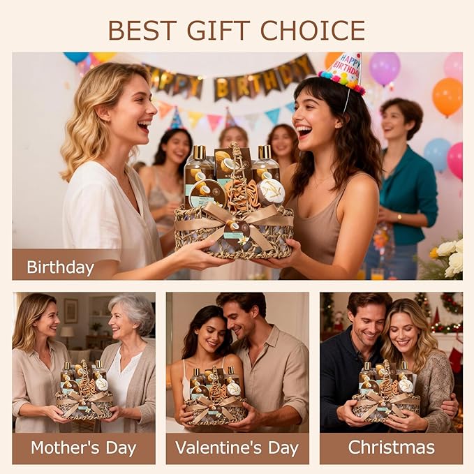 Mothers Day Gifts for Mom, 12pcs Vanilla Coconut Bath and Body Gift Basket Set, Self Care Set, Home Spa Basket Gift, Hydrating Skin Care Set, Anniversary, Birthday, Christmas, Wife
