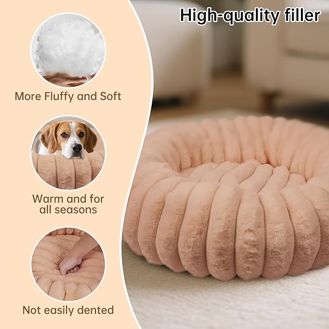 Donut Dog Beds Medium Large Size Dog Washable Pet Bed,31in Brown | Cozy Calming Round Cuddler, Fluffy Faux Rabbit Fur, Non-Slip Bottom, Anti-Anxiety, Circle Bed for Large Pets Up to 40 Lbs