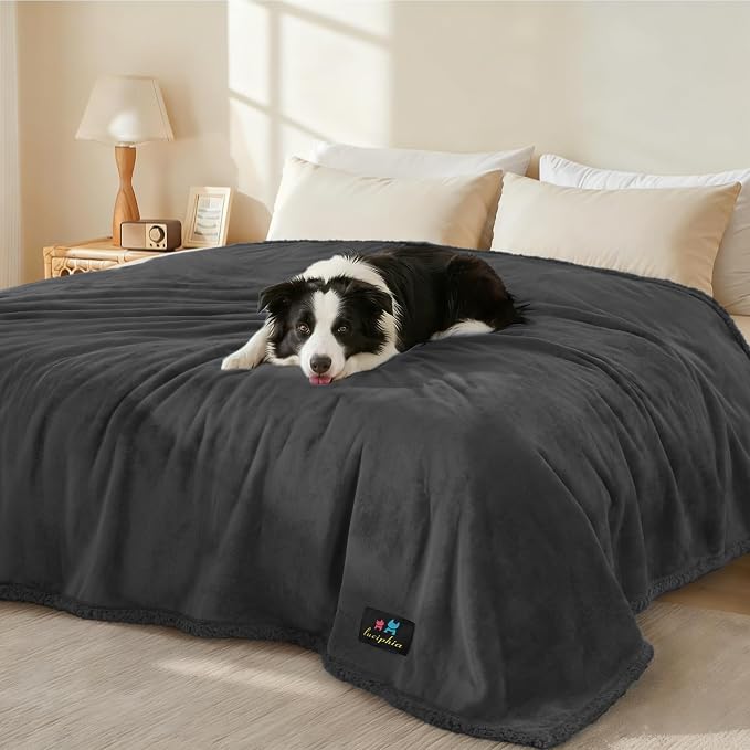 Luciphia Waterproof Blanket for Large Dog, Reversible Sherpa Bed Cover | waterproof pet blanket sherpa fleece reversible couch cover bed protector car from spills scratches, Black 90" x 82"