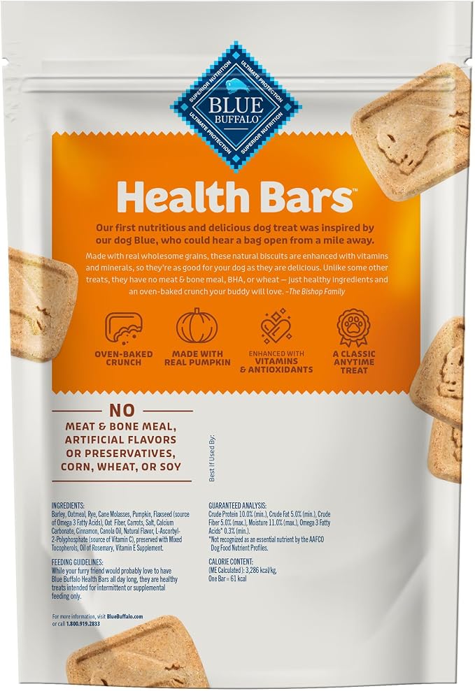 Blue Buffalo Health Bars Pumpkin & Cinnamon Crunchy Dog Biscuits, Oven-Baked with Pumpkin & Natural Ingredients, Healthy Dog Treats with No Artificial Flavors or Preservatives, 16 oz. (Pack of 4)