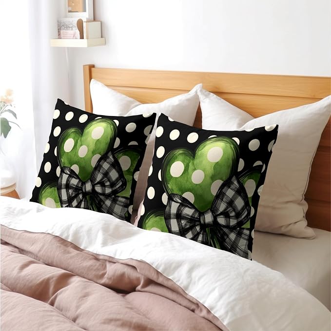 Kawani St Patricks Day Pillow Covers 20x20 Set of 2 Polka Dots Lucky Shamrock Leaf Black Square Pillowcases Cotton Linen Cushion Cover for Home Sofa Couch Patio Outdoor Holiday Decor