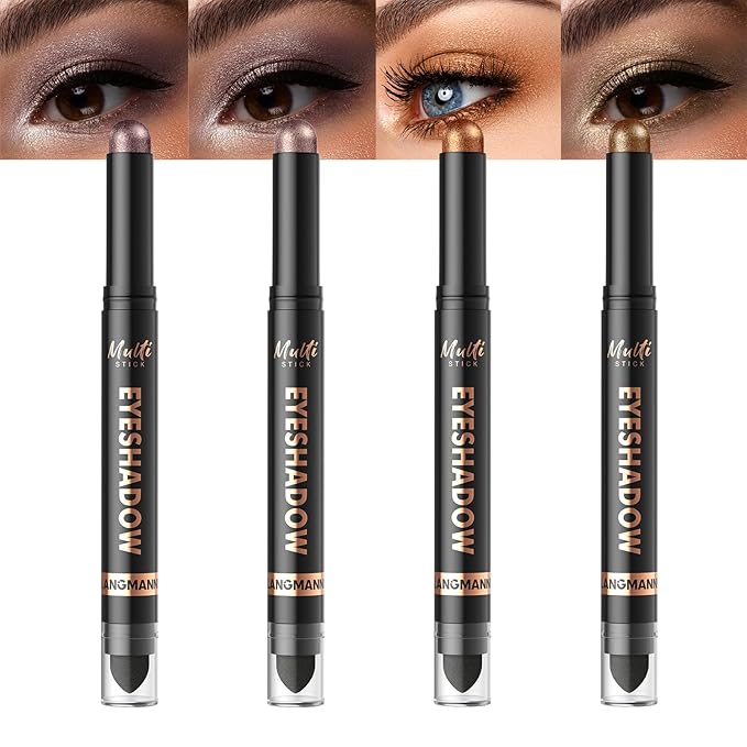 LANGMANNI 4Colors Dual-Ended Cream Eyeshadow Stick Set – Silky Smooth, Waterproof & Transfer-Proof, Built-in Blender Brush, All-Day Matte & Shimmer Wear Eye Makeup(#4+8+11+12)