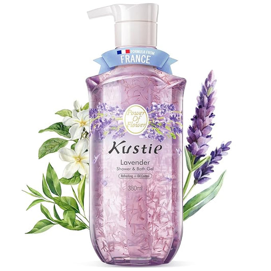 Kustie Lavender Petal Body Wash with 345 Real Provence Petals, Tea Tree Oil, Squalane & Hyaluronic Acid | Acne-Fighting, Calming & Hydrating Cleanser | Vegan, Sulfate-Free | 12.8 Fl Oz