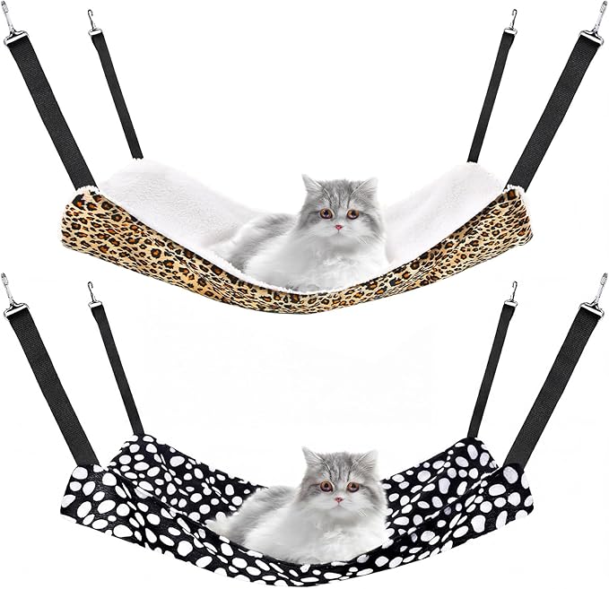 Jetec 2 Pack Cat Hammock for Cage, Leopard and Dot, M | Catio Accessories, Reversible Soft Cats Bed, Adjustable Straps and Hooks, Double-sided Linen, Fleece Hanging Hammock for Cats