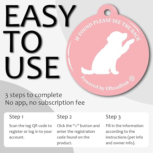 RFID 134.2Khz & QR Code Pet ID Tag, Collar Tag, Dual Function - Scan QR for Helping Lost Pets Go Home, Replace RFID Microchip for Smart Auto Pet Door and Feeder (Pink-Dog)