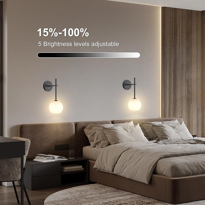 Black Battery Operated Wall Sconces Set of 2, Rechargeable Wireless Wall Lights with Milky White Frosted Glass Shade, 12 RGB and 3CCT Dimmable, Wall Lamps with Remote for Bedroom Living Room Hallway