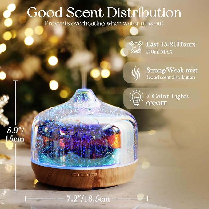 Porseme 500ml Glass Essential Oil Diffuser Aromatherapy Ultrasonic Cool Mist Humidifier 15-21 Running Hours Waterless Auto-Off Air Diffusers for Sleeping Yoga Working Spa(Silver)