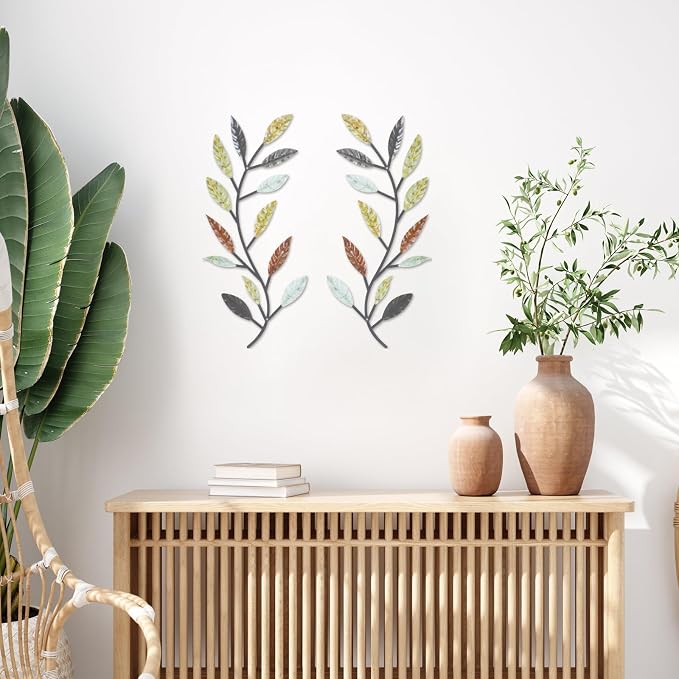 Zhengmy 2 Pcs Metal Leaf Wall Art Vine Branch Decor,Multi Color | Olive Branch Metal Decor for Living Room Hallway, Symmetrical Leaf Pair for Doorway Entryway, Lightweight Hanging Art Design