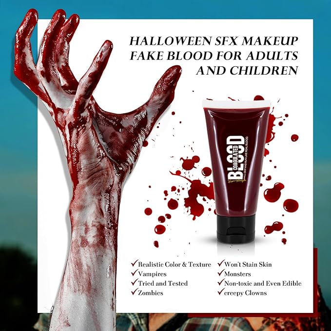immetee Fake Blood Gel, Sfx Blood Gel with Stipple Sponge, Sfx Fake Blood Makeup Kit, Halloween Coagulated Stage Blood Specail Effects Makeup Face Body Paint. 55g