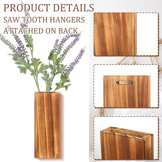Nuanchu 6 Pack Wood Wall Planter Wooden Hanging Planter for Dried Flowers and Artificial Greenery Plants Wooden Pocket Vase Farmhouse Wall Decor for Indoor Hydroponics Plants (Natural, Wood Style)