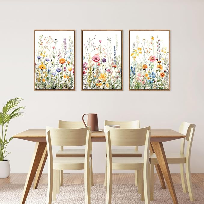 FWIEXA Wildflower Pictures Wall Decor, 3 Piece Floral Canvas Wall Art Set, Framed Watercolor Flower Painting, Colorful Botanical Artwork, 16x24 Inches Poster for Living Room, Bedroom, Nursery, Home