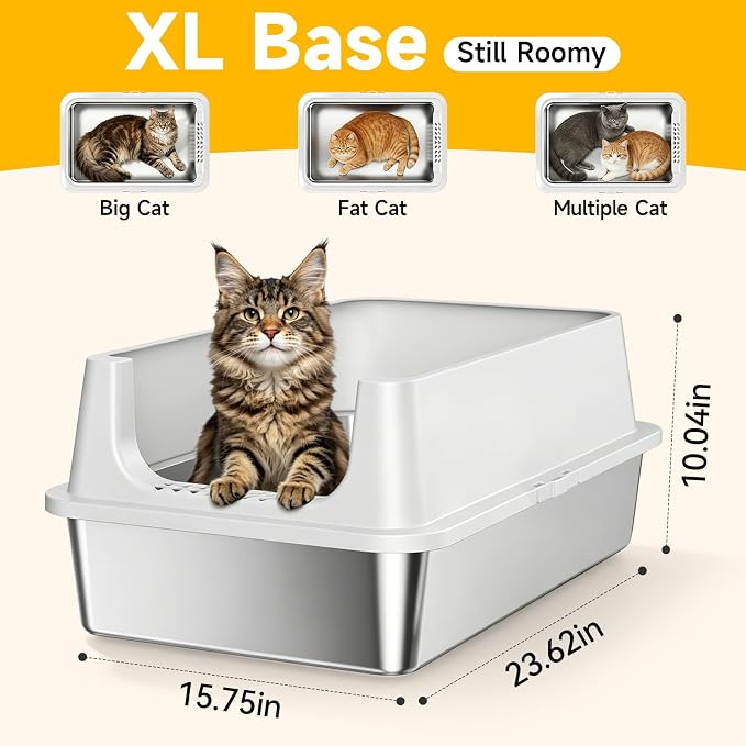XL Open Top Stainless Steel Litter Box with High Sides, Gray | Extra Large Metal Cat Litter Pan , XL Litter Box, Non-Stick Easy Clean Anti-Leak Kitty Litter Pan, Odor Control, Open Top