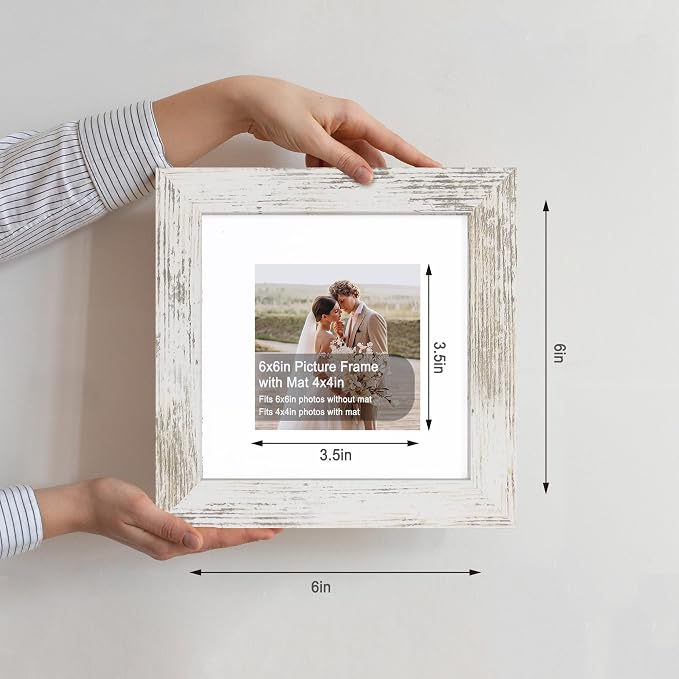 Hongkee 6x6 Picture Frame Set of 4, Made of Real Glass and Multicolour Wooden Frame, 6 by 6 Photo for Wall or Tabletop - Display Picture 4x4 with Mat or 6x6 Without Mat