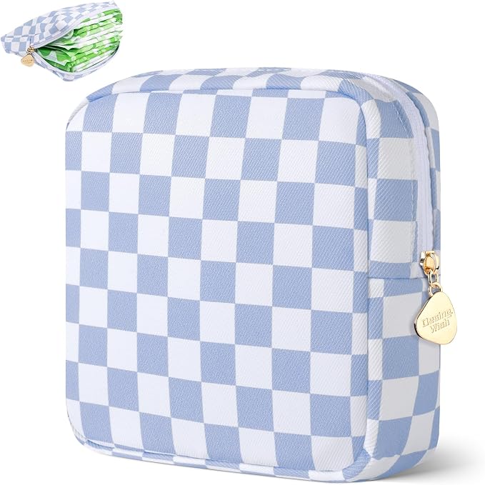 Period Bag Pouch Soft Cloth Sanitary Napkin Storage Bag Portable Menstrual Pad Pouches Tampon Holder for Purse First Period Kit for Girls 9-12 (Blue-White Check)
