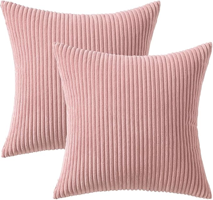 MIULEE Decorative Corduroy Throw Pillow Covers Set of 2 18x18 Blush Pink | Soft Striped Textured Cushion Cases, Boho Square Lovely Cute Pillowcases, Home Decor for Couch Chair Sofa Bed Living Room