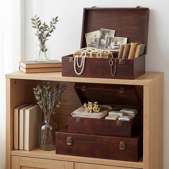 Sliner 3 Pcs Wooden Decorative Storage Boxes with Lids Vintage Wood Organizer Bins for Your Bookshelf Home Decor Safely Store Photos Documents Memory Jewelry Craft Storage (Dark Brown,S M L Size)