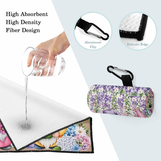Blue Purple Gnomes Golf Towel with Clip, Spring Hydrangea Flower Leaf Pink Plaid Large Microfiber Women Men Sports Work Out Disc Golf Bag Towel for Yoga, Gym, Fitness, Swimming Towels Accessory