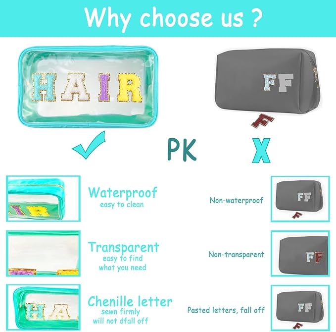 Bunliuys Chenille Letter Clear Makeup Bag Travel Patch, Travel Toiletry Makeup Bag with Handle, Nylon Waterproof Makeup Bags clear cosmetic bag, preppy patch makeup bag for Women (TRAVEL-Mint Green)